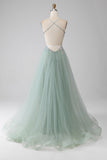 A-Line Beaded Light Green Ball Dress with Slit