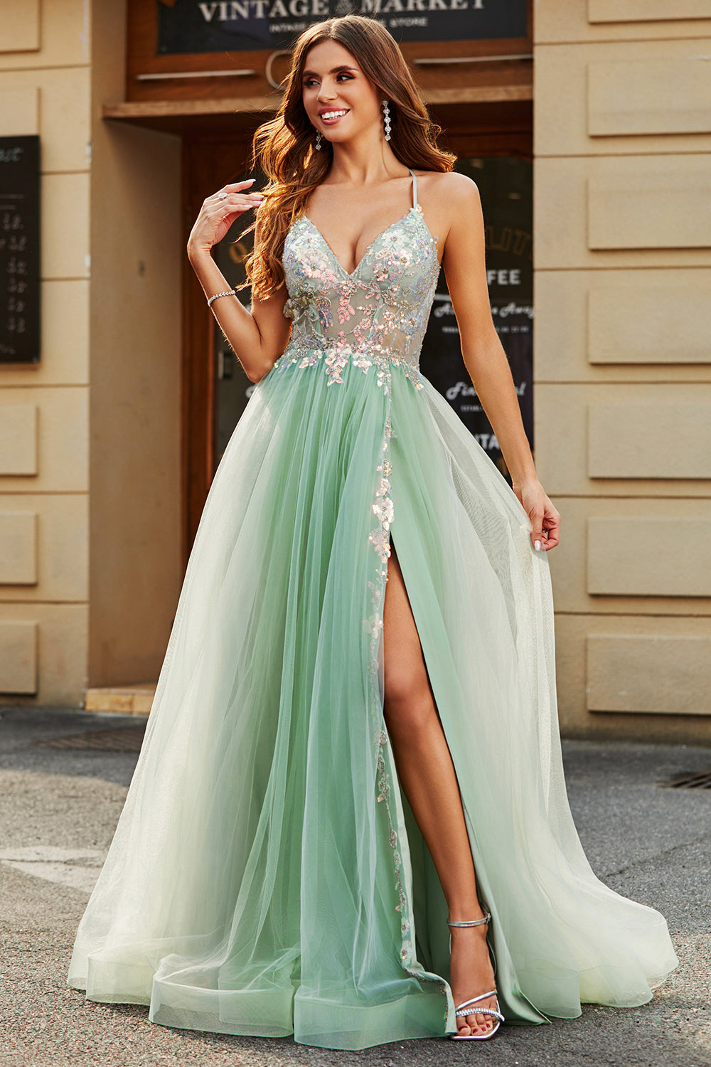 A-Line V Neck Floor-Length Beaded Tulle Light Green Ball Dress with Slit