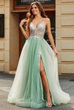 A-Line V Neck Floor-Length Beaded Tulle Light Green Ball Dress with Slit