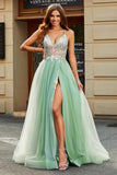 A-Line V Neck Floor-Length Beaded Tulle Light Green Ball Dress with Slit