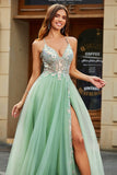 A-Line V Neck Floor-Length Beaded Tulle Light Green Ball Dress with Slit