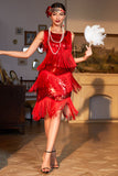 Red Fringed Roaring Sequins 1920s Dress
