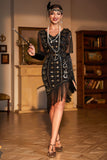Black Golden V-neck Sequin Fringed 920s Flapper Dress