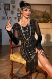 Black Golden V-neck Sequin Fringed 920s Flapper Dress