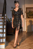 Black Golden V-neck Sequin Fringed 920s Flapper Dress