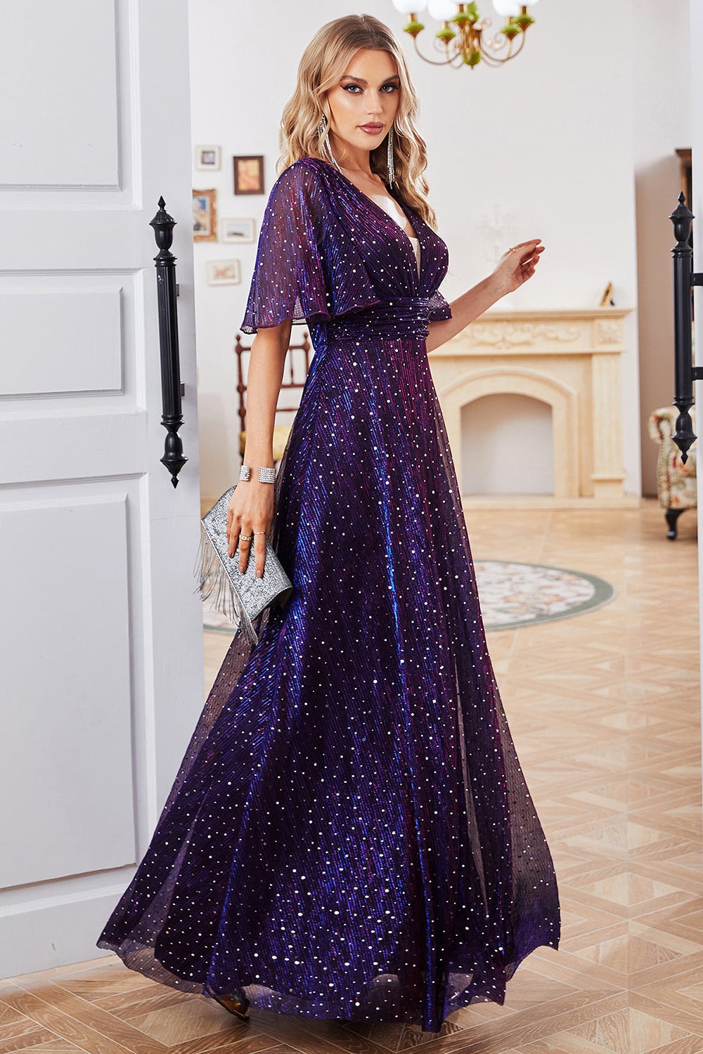 Purple A Line Sparkly V-Neck Formal Party Dress with Short Sleeves