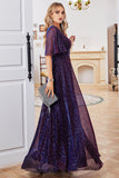 Purple A Line Sparkly V-Neck Formal Party Dress with Short Sleeves