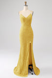 Black Mermaid Spaghetti Straps V-Neck Sequin Long Ball Dress With Split