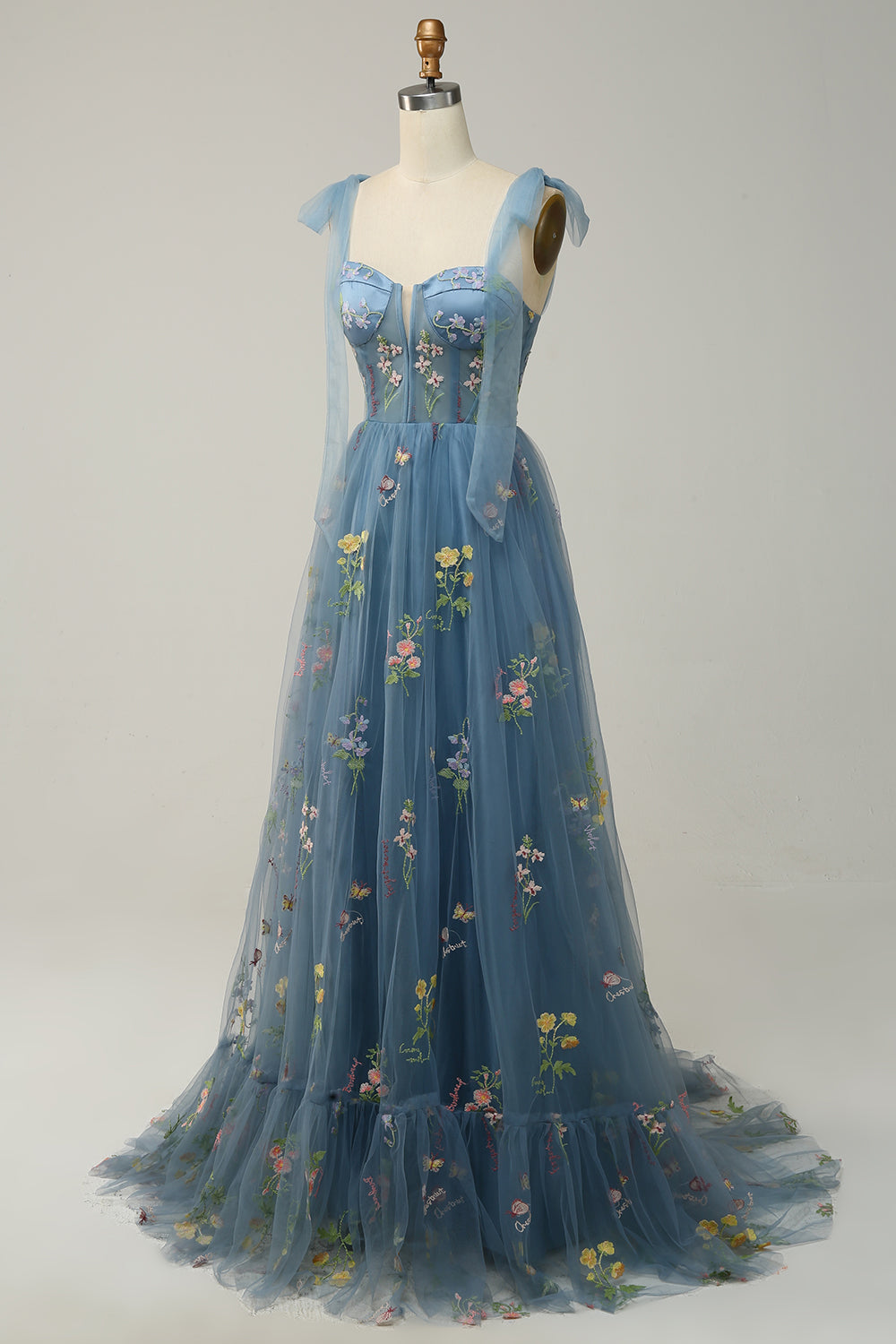 Lavender Tulle A Line Corset Plus Size Ball Dress with Embroidered Floral