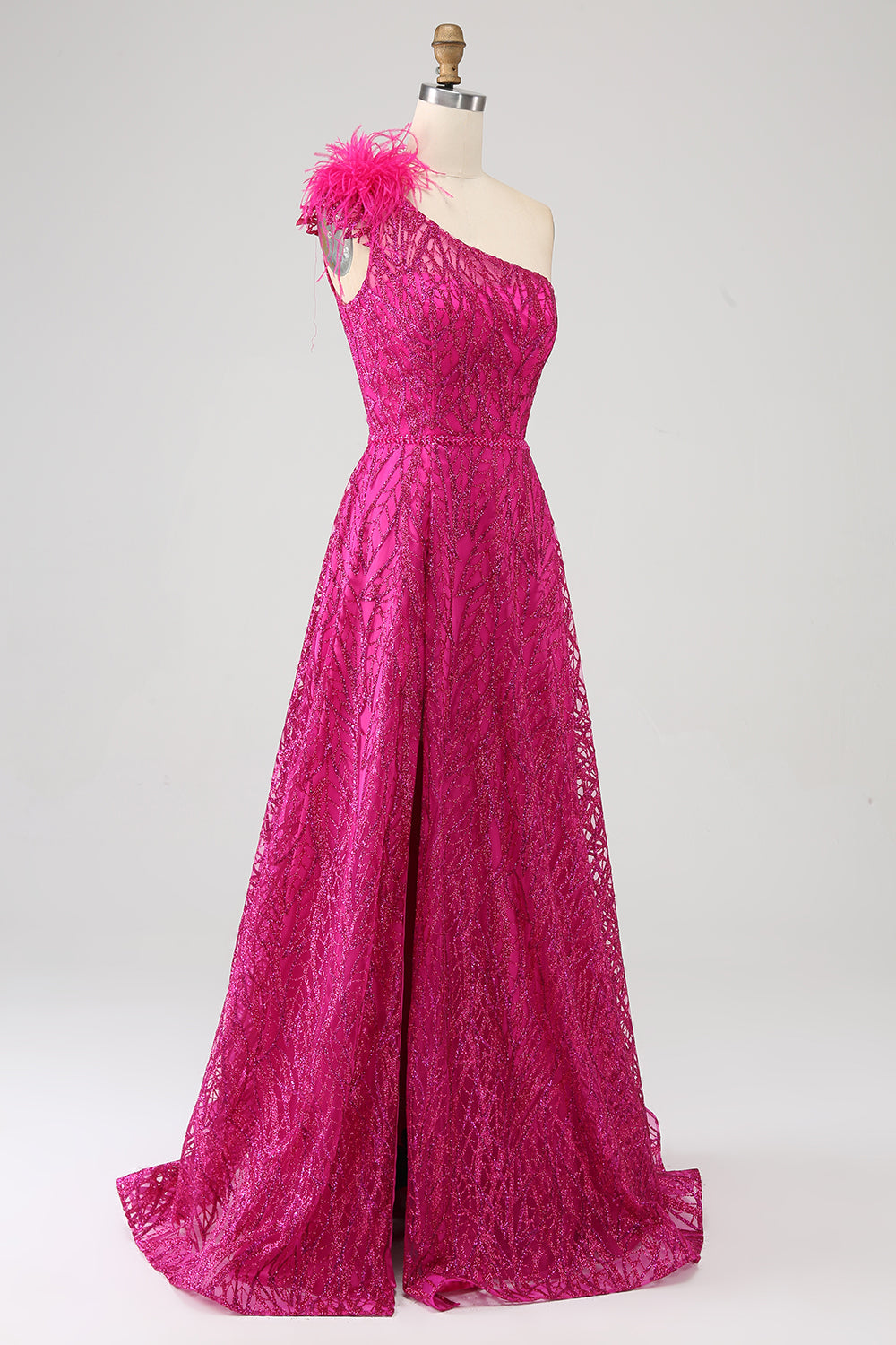 Fuchsia A-Line One Shoulder Feather Sequin Long Ball Dress With Slit
