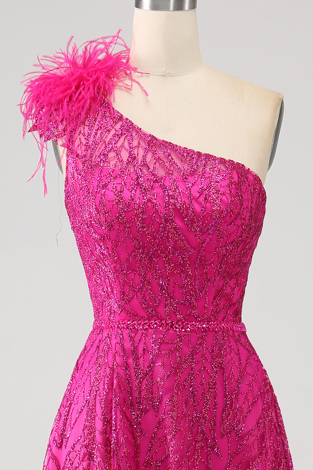 Fuchsia A-Line One Shoulder Feather Sequin Long Ball Dress With Slit