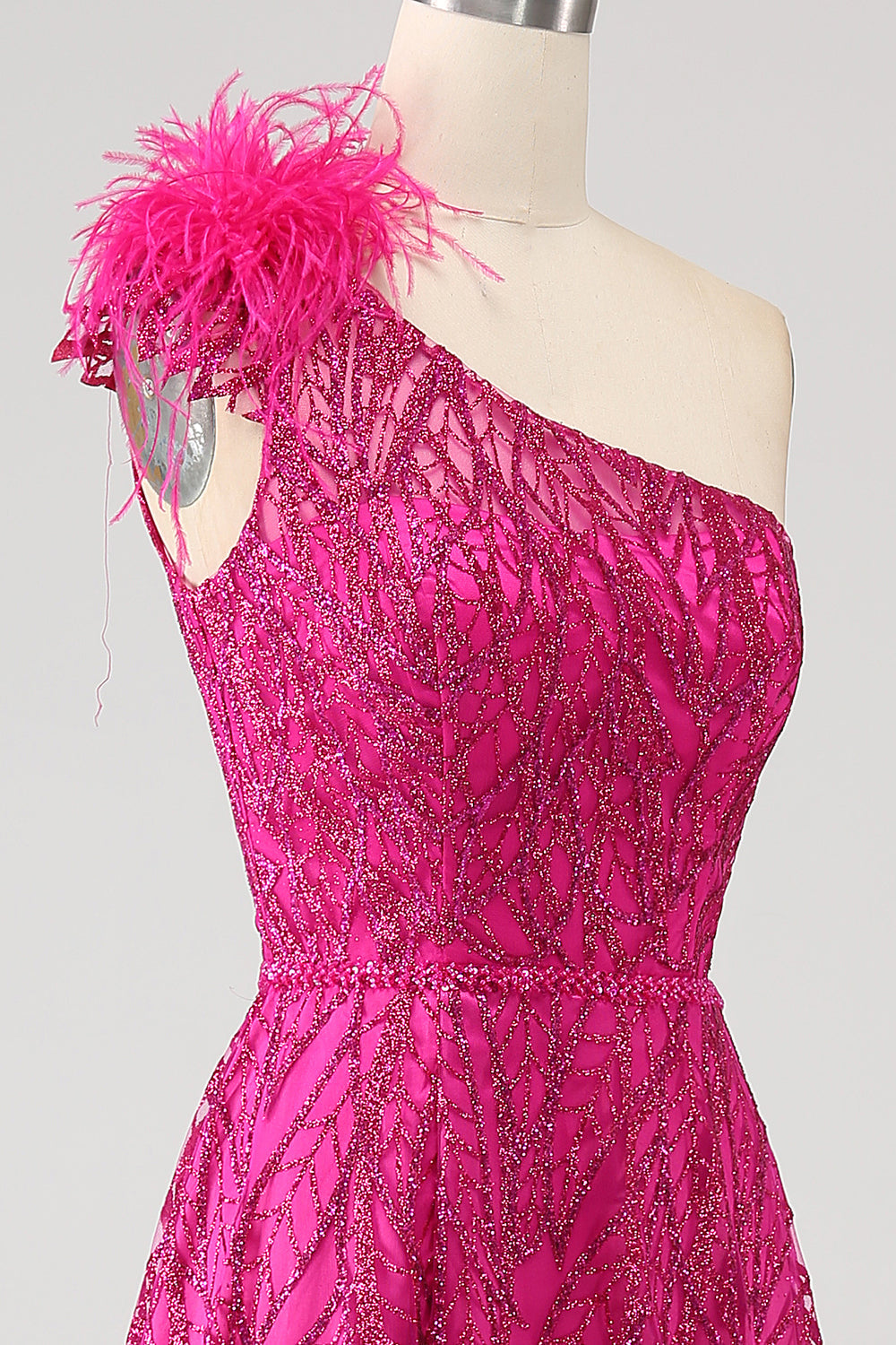 Fuchsia A-Line One Shoulder Feather Sequin Long Ball Dress With Slit