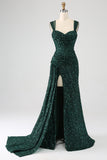 Dark Green Sheath Sparkly Sequin Pleated Long Ball Dress With Thigh Split