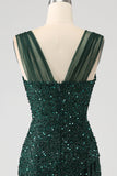 Dark Green Sheath Sparkly Sequin Pleated Long Ball Dress With Thigh Split