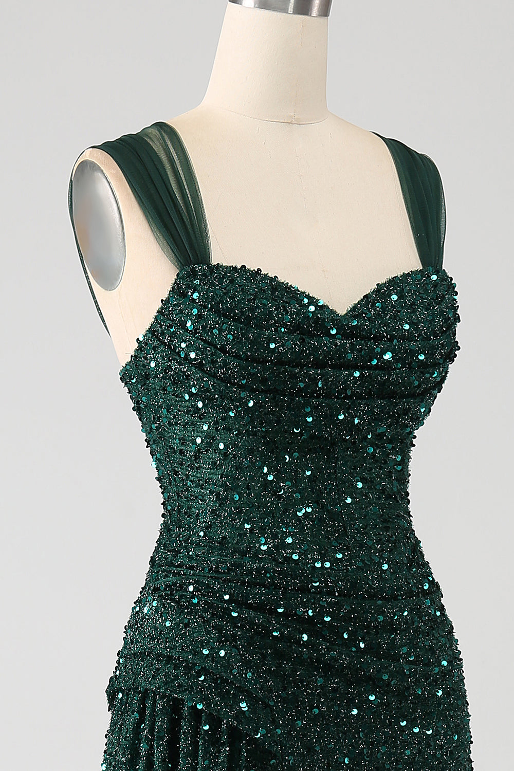 Dark Green Sheath Sparkly Sequin Pleated Long Ball Dress With Thigh Split