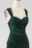 Dark Green Sheath Sparkly Sequin Pleated Long Ball Dress With Thigh Split