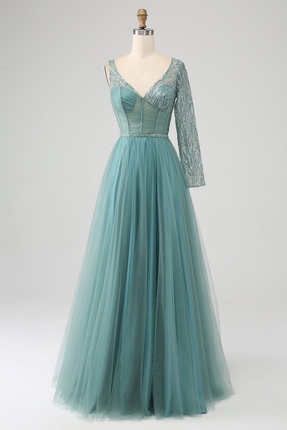 Grey Green A-Line V Neck Sparkly Sequin Long Corset Ball Dress