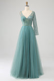 Grey Green A-Line V Neck Sparkly Sequin Long Corset Ball Dress