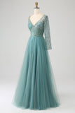 Grey Green A-Line V Neck Sparkly Sequin Long Corset Ball Dress