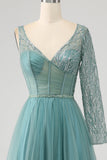 Grey Green A-Line V Neck Sparkly Sequin Long Corset Ball Dress