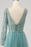 Grey Green A-Line V Neck Sparkly Sequin Long Corset Ball Dress