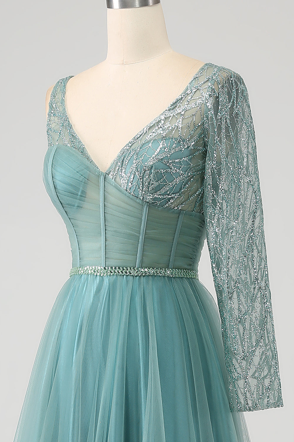 Grey Green A-Line V Neck Sparkly Sequin Long Corset Ball Dress