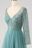 Grey Green A-Line V Neck Sparkly Sequin Long Corset Ball Dress