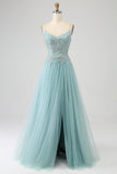 Sparkly Light Green A-Line Spaghetti Straps Sequin Applique Corset Ball Dress With Slit