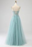 Sparkly Light Green A-Line Spaghetti Straps Sequin Applique Corset Ball Dress With Slit