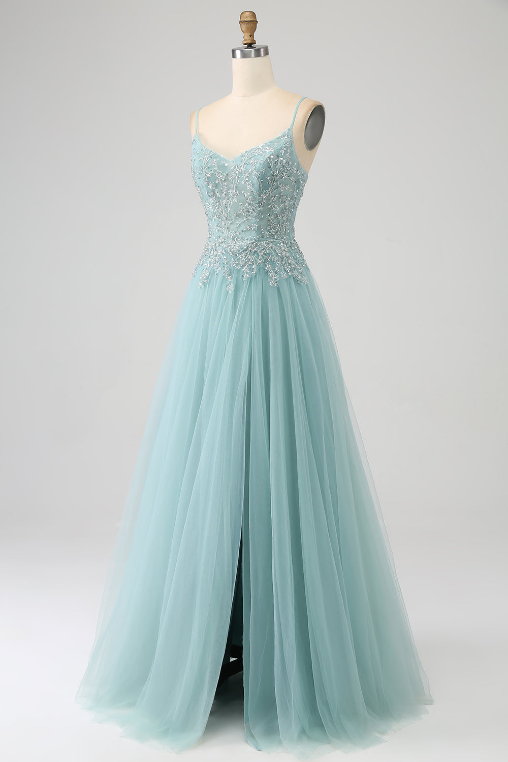 Sparkly Light Green A-Line Spaghetti Straps Sequin Applique Corset Ball Dress With Slit