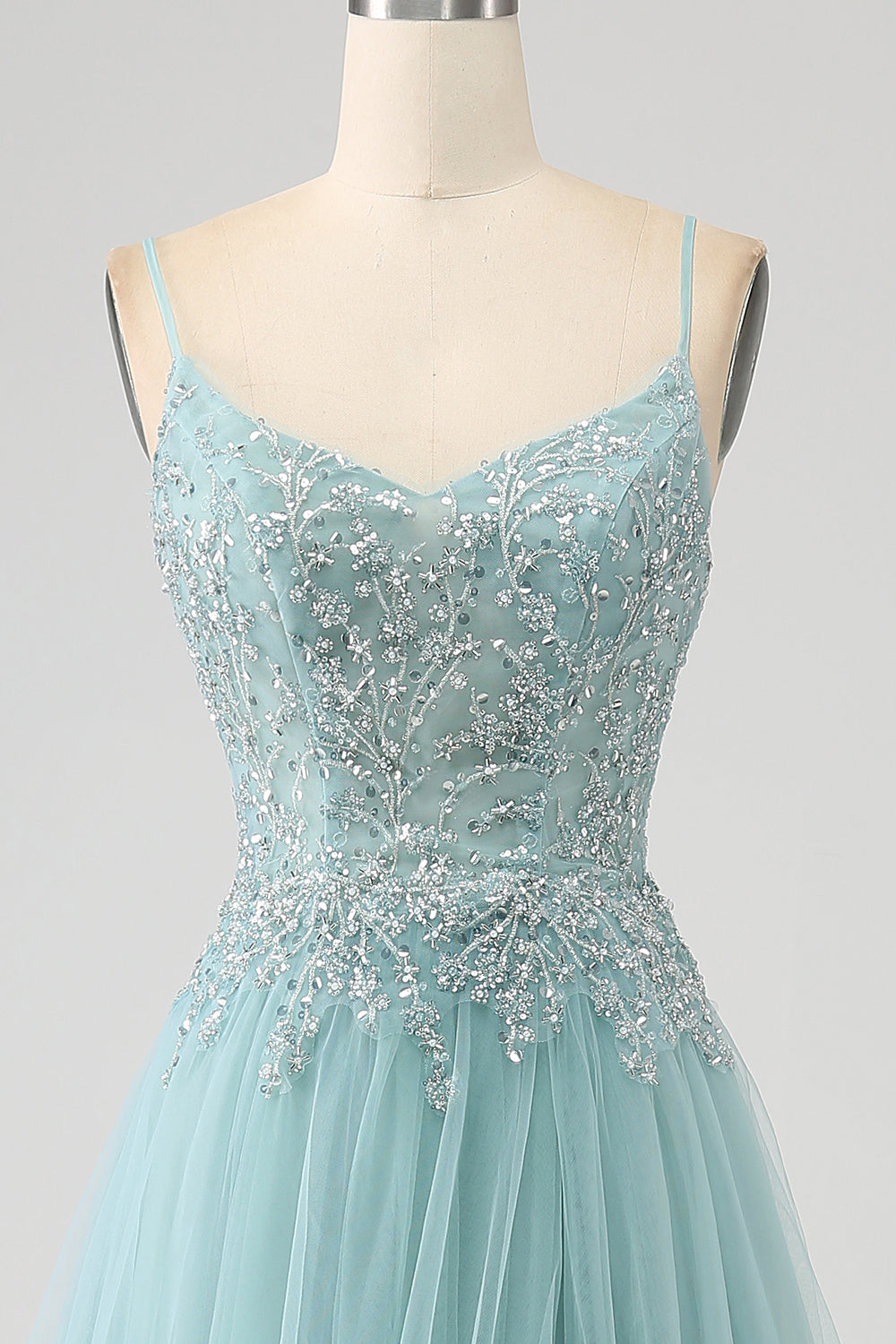 Sparkly Light Green A-Line Spaghetti Straps Sequin Applique Corset Ball Dress With Slit
