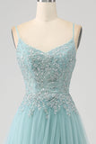 Sparkly Light Green A-Line Spaghetti Straps Sequin Applique Corset Ball Dress With Slit