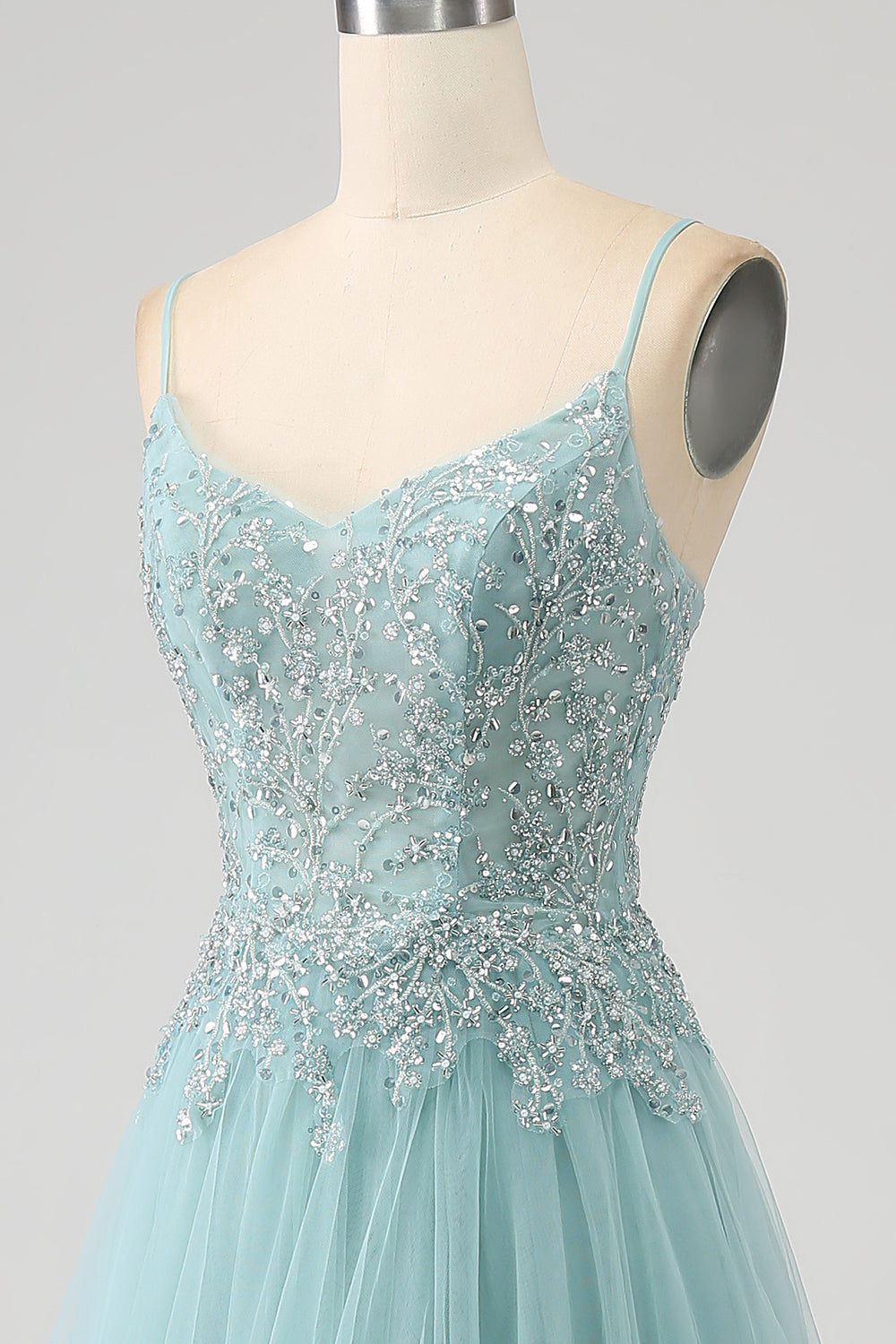 Sparkly Light Green A-Line Spaghetti Straps Sequin Applique Corset Ball Dress With Slit