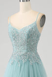 Sparkly Light Green A-Line Spaghetti Straps Sequin Applique Corset Ball Dress With Slit