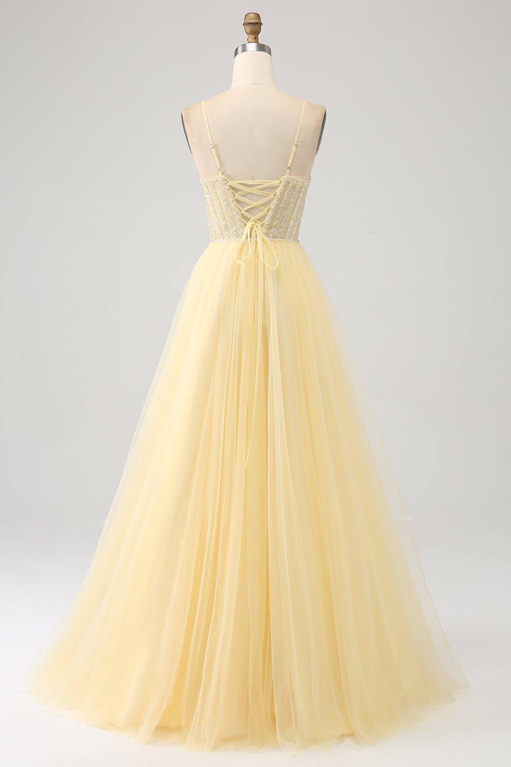 Light Yellow A-Line Spaghetti Straps Tulle Beaded Ball Dress with Slit