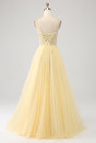Light Yellow A-Line Spaghetti Straps Tulle Beaded Ball Dress with Slit