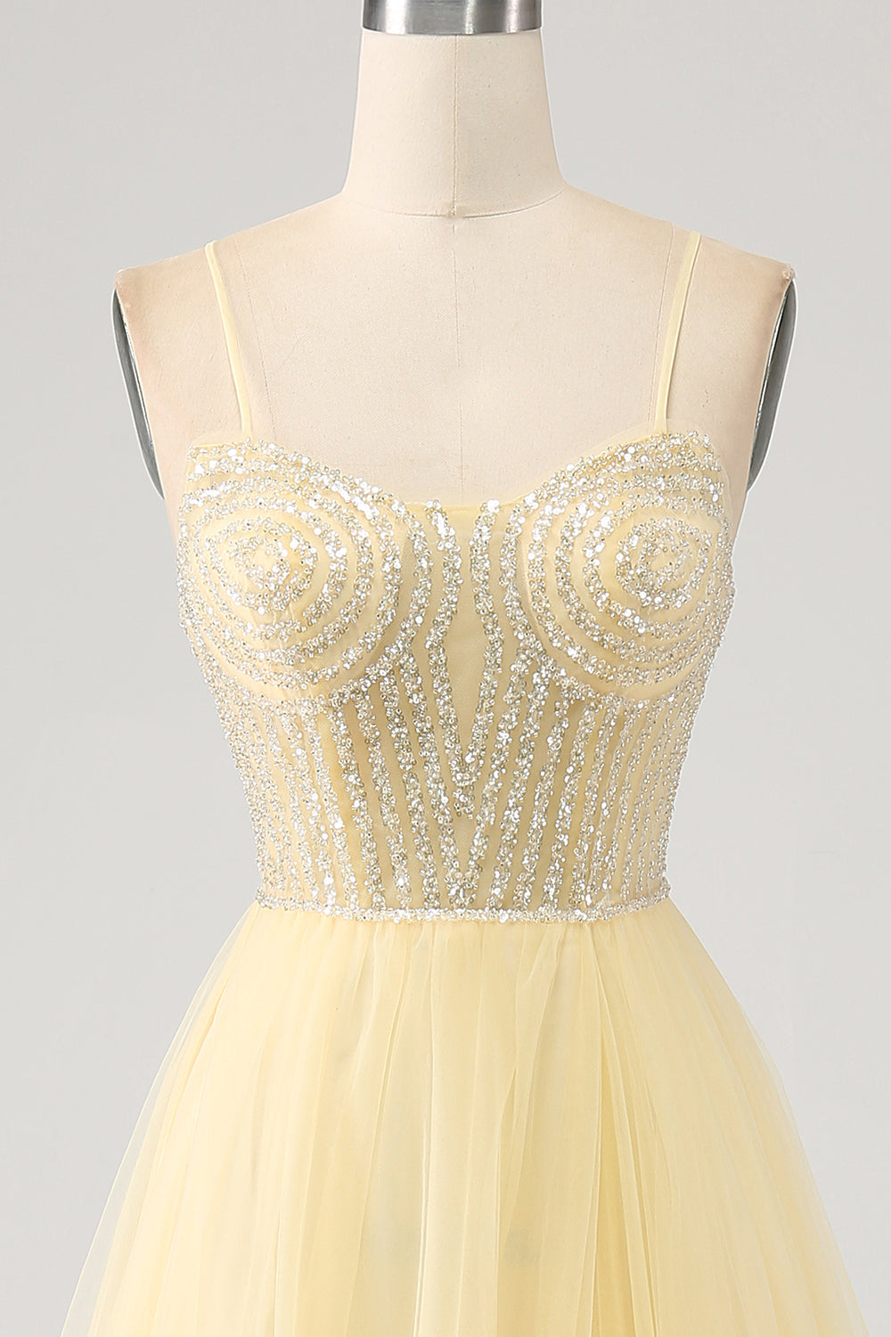 Light Yellow A-Line Spaghetti Straps Tulle Beaded Ball Dress with Slit