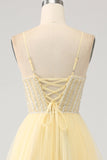 Light Yellow A-Line Spaghetti Straps Tulle Beaded Ball Dress with Slit