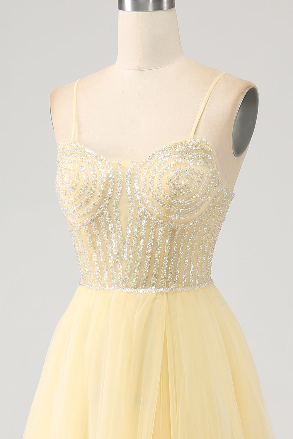 Light Yellow A-Line Spaghetti Straps Tulle Beaded Ball Dress with Slit