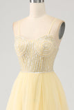 Light Yellow A-Line Spaghetti Straps Tulle Beaded Ball Dress with Slit