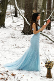 Blue Mermaid Spaghetti Straps Tulle & Lace Long Ball Dress
