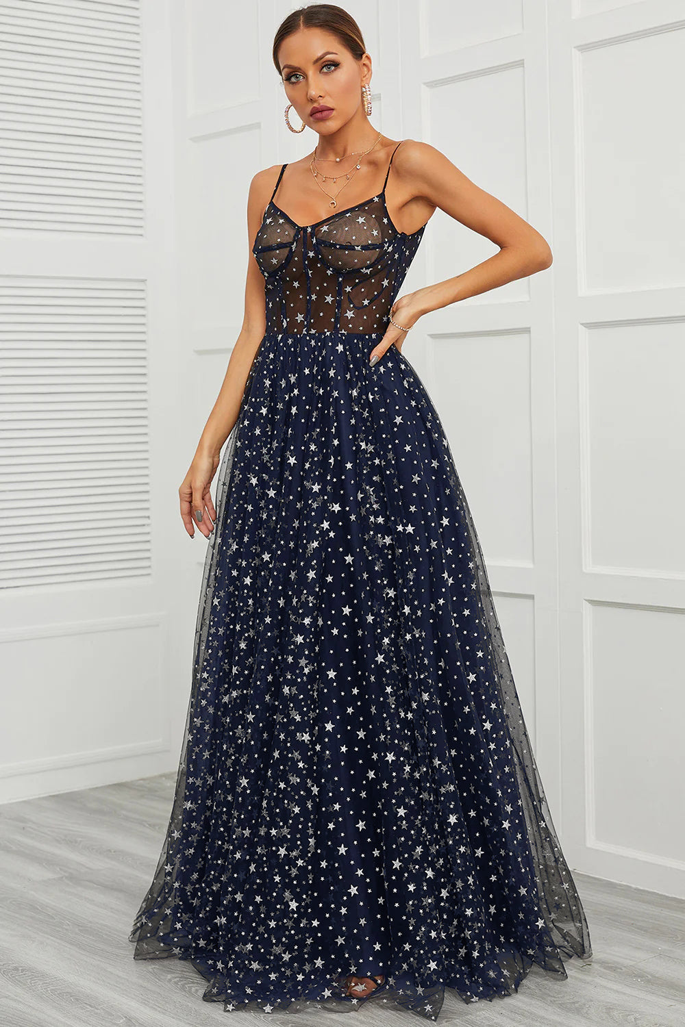 Spaghetti Straps Navy Long Ball Dress with Star