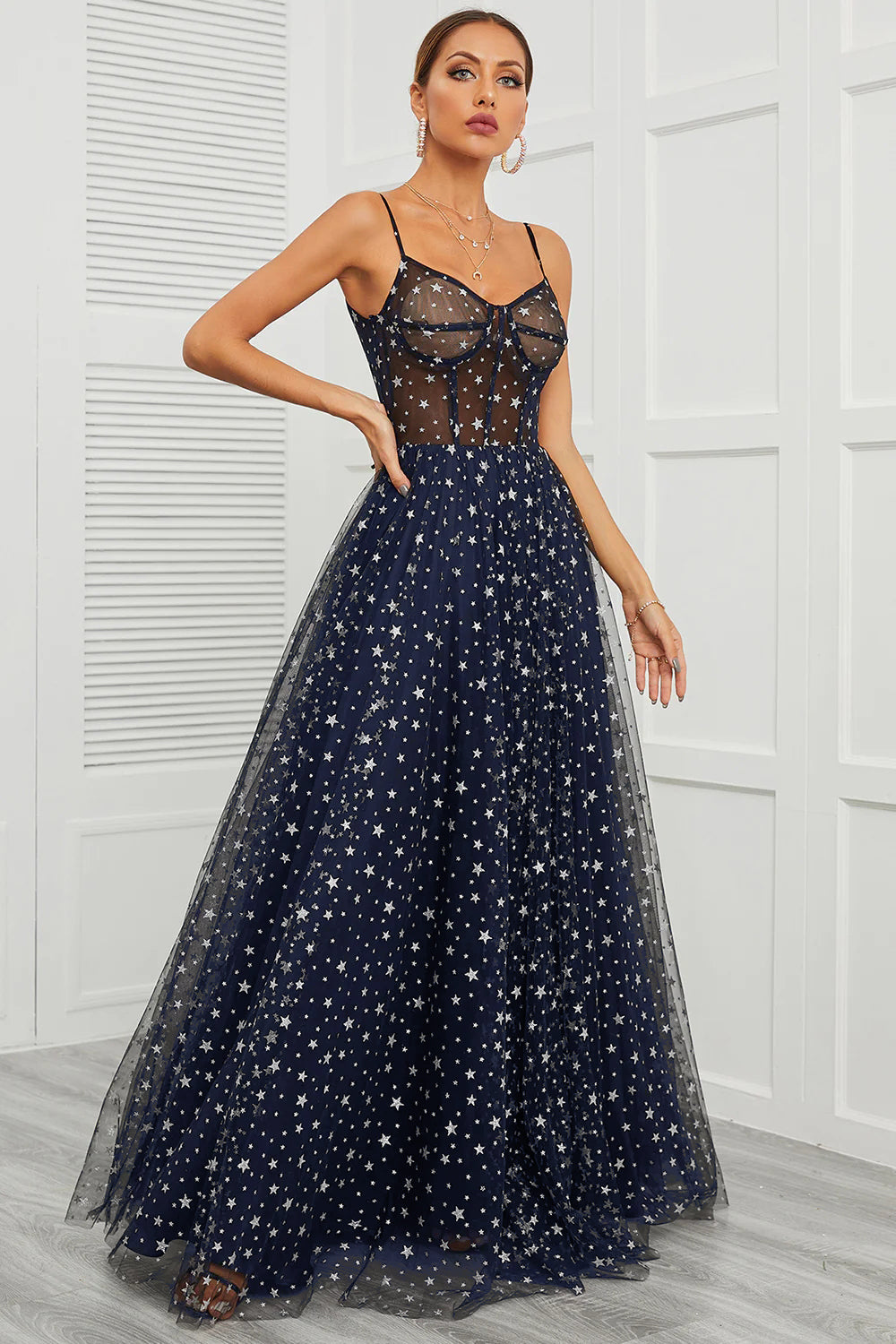 Spaghetti Straps Navy Long Ball Dress with Star