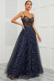 Spaghetti Straps Navy Long Ball Dress with Star