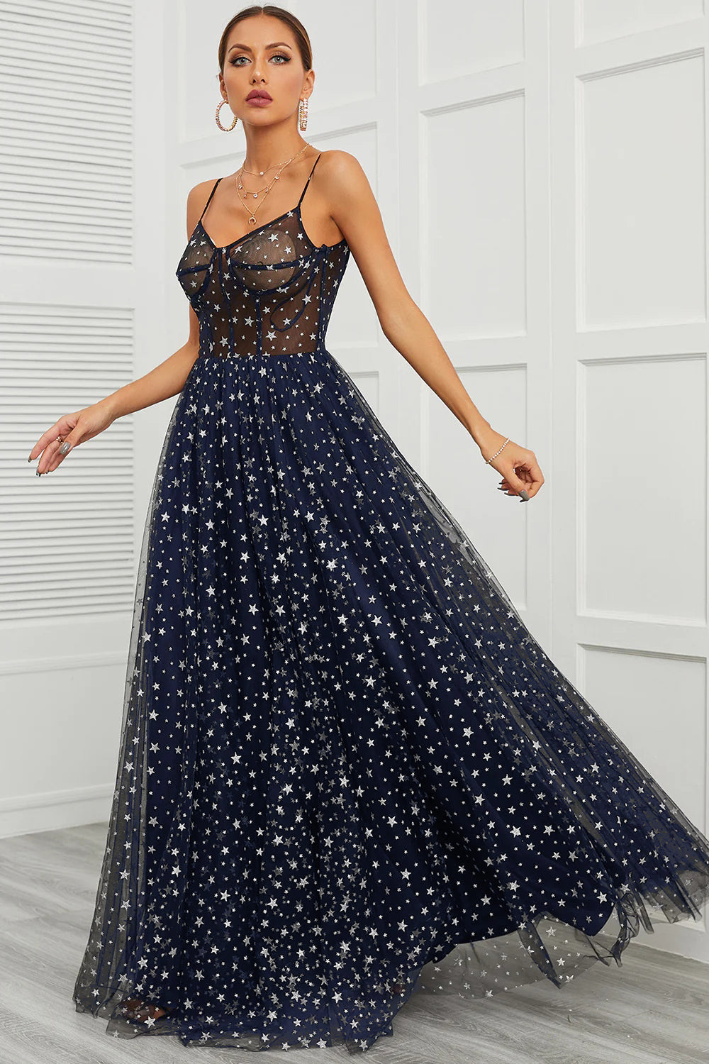 Spaghetti Straps Navy Long Ball Dress with Star