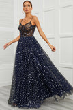 Spaghetti Straps Navy Long Ball Dress with Star