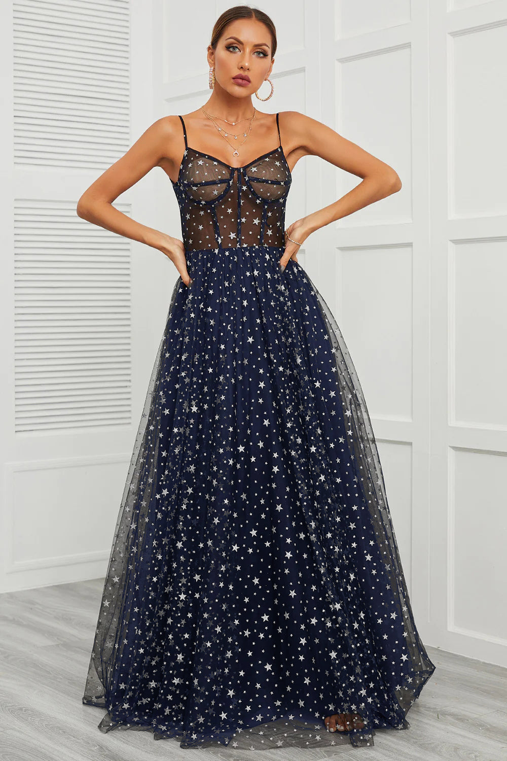 Spaghetti Straps Navy Long Ball Dress with Star