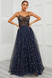 Spaghetti Straps Navy Long Ball Dress with Star