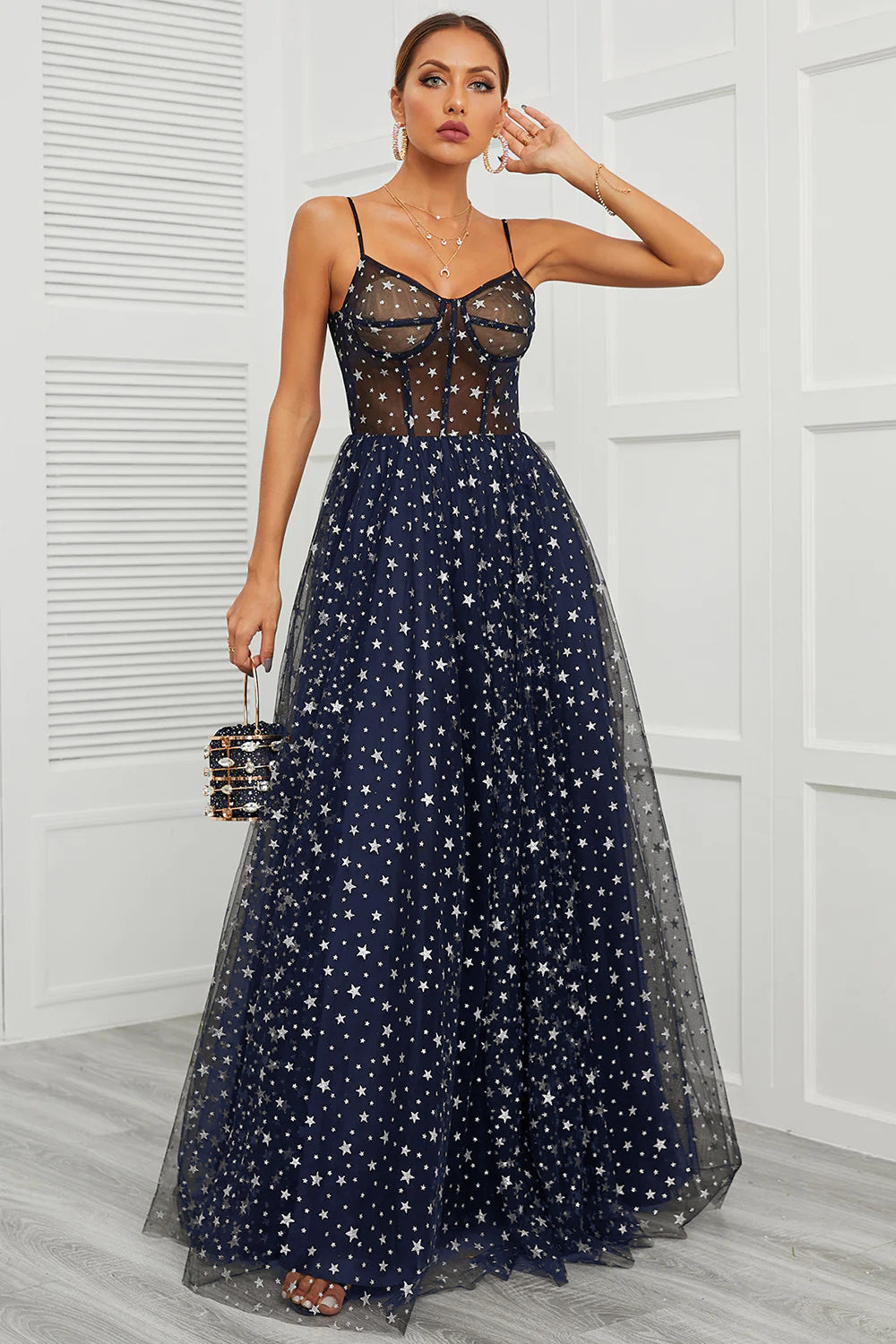 Spaghetti Straps Navy Long Ball Dress with Star