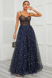 Spaghetti Straps Navy Long Ball Dress with Star